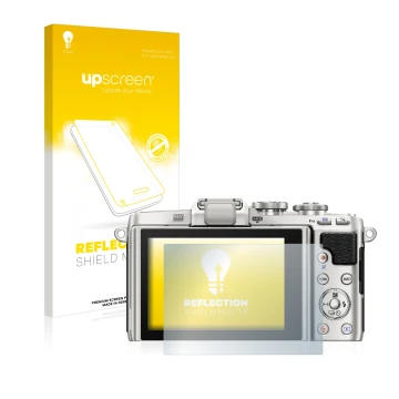 Parte frontal de un envase de producto con el logotipo de la marca upscreen. Al lado se muestra el dispositivo Olympus PEN E-P