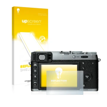 Parte frontal de un envase de producto con el logotipo de la marca upscreen. Al lado se muestra el dispositivo Fujifilm X100T 