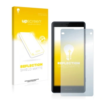 Parte frontal de un envase de producto con el logotipo de la marca upscreen. Al lado se muestra el dispositivo Sony Xperia Z2 