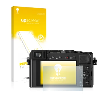 Parte frontal de un envase de producto con el logotipo de la marca upscreen. Al lado se muestra el dispositivo Panasonic Lumix
