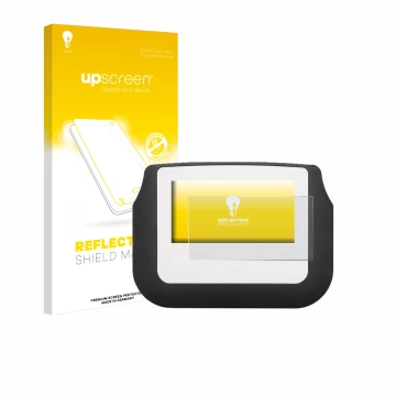Parte frontal de un envase de producto con el logotipo de la marca upscreen. Al lado se muestra el dispositivo Signotec Signat