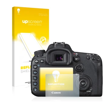 Parte frontal de un envase de producto con el logotipo de la marca upscreen. Al lado se muestra el dispositivo Canon EOS 7D Ma