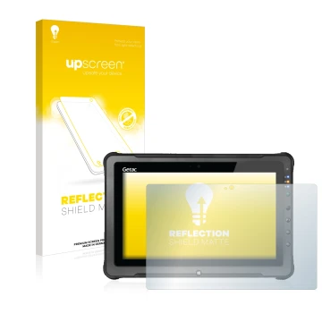 Parte frontal de un envase de producto con el logotipo de la marca upscreen. Al lado se muestra el dispositivo Getac F110 G5 c