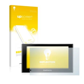 Parte frontal de un envase de producto con el logotipo de la marca upscreen. Al lado se muestra el dispositivo Garmin nüvi 259