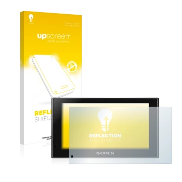 Parte frontal de un envase de producto con el logotipo de la marca upscreen. Al lado se muestra el dispositivo Garmin nüvi 269