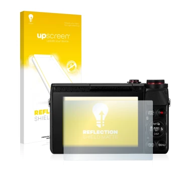 Parte frontal de un envase de producto con el logotipo de la marca upscreen. Al lado se muestra el dispositivo Canon PowerShot