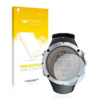 Parte frontal de un envase de producto con el logotipo de la marca upscreen. Al lado se muestra el dispositivo Suunto Ambit3 P