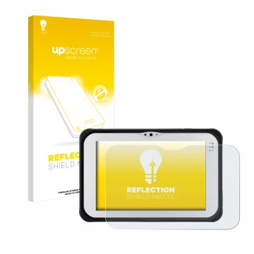 Parte frontal de un envase de producto con el logotipo de la marca upscreen. Al lado se muestra el dispositivo Panasonic Tough