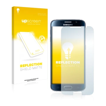 Parte frontal de un envase de producto con el logotipo de la marca upscreen. Al lado se muestra el dispositivo Samsung Galaxy 