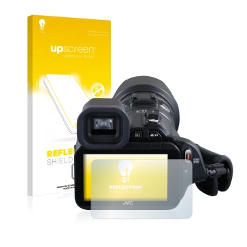 Parte frontal de un envase de producto con el logotipo de la marca upscreen. Al lado se muestra el dispositivo JVC GC-PX100BEU