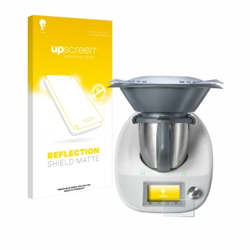 Parte frontal de un envase de producto con el logotipo de la marca upscreen. Al lado se muestra el dispositivo Vorwerk Thermom