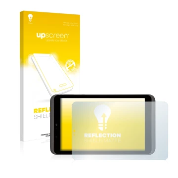 Parte frontal de un envase de producto con el logotipo de la marca upscreen. Al lado se muestra el dispositivo Tesco hudl2 con