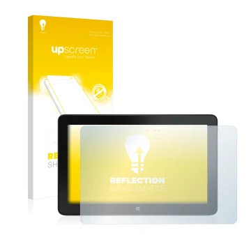 Parte frontal de un envase de producto con el logotipo de la marca upscreen. Al lado se muestra el dispositivo Dell Venue 11 P