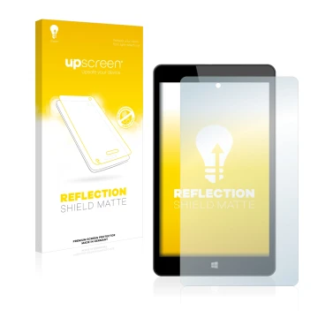 Parte frontal de un envase de producto con el logotipo de la marca upscreen. Al lado se muestra el dispositivo Linx 8 con su p