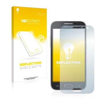 Parte frontal de un envase de producto con el logotipo de la marca upscreen. Al lado se muestra el dispositivo Samsung Galaxy 