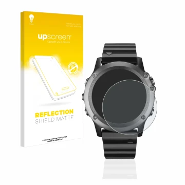 Parte frontal de un envase de producto con el logotipo de la marca upscreen. Al lado se muestra el dispositivo Garmin Fenix 3 