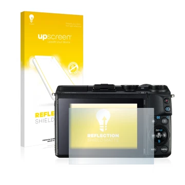 Parte frontal de un envase de producto con el logotipo de la marca upscreen. Al lado se muestra el dispositivo Canon EOS M3 co