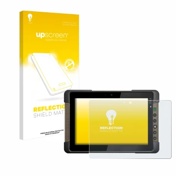 Parte frontal de un envase de producto con el logotipo de la marca upscreen. Al lado se muestra el dispositivo Getac T800 con 