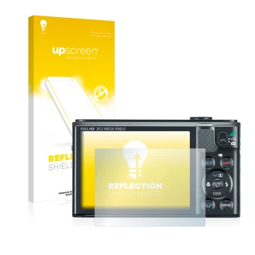 Parte frontal de un envase de producto con el logotipo de la marca upscreen. Al lado se muestra el dispositivo Canon PowerShot