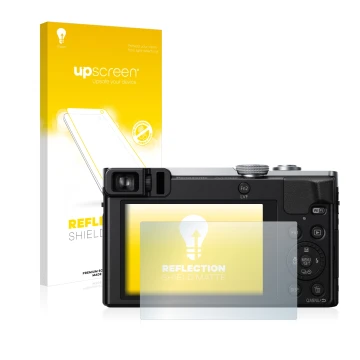 Parte frontal de un envase de producto con el logotipo de la marca upscreen. Al lado se muestra el dispositivo Panasonic Lumix