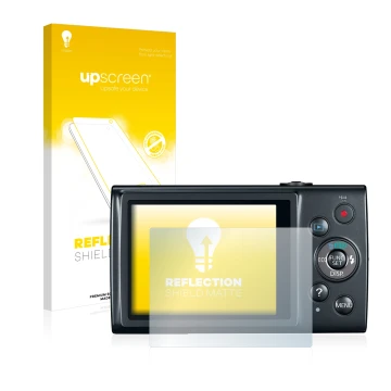 Parte frontal de un envase de producto con el logotipo de la marca upscreen. Al lado se muestra el dispositivo Canon IXUS 170 