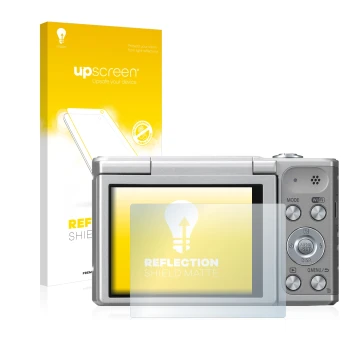 Parte frontal de un envase de producto con el logotipo de la marca upscreen. Al lado se muestra el dispositivo Panasonic Lumix