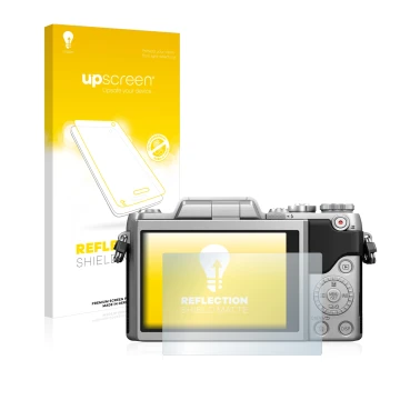 Parte frontal de un envase de producto con el logotipo de la marca upscreen. Al lado se muestra el dispositivo Panasonic Lumix