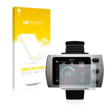 Parte frontal de un envase de producto con el logotipo de la marca upscreen. Al lado se muestra el dispositivo Suunto Eon Stee