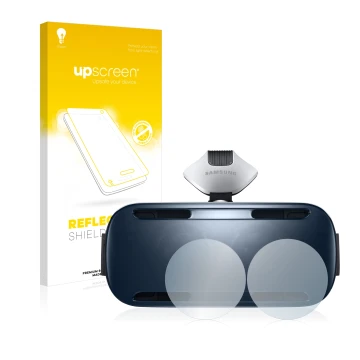 Parte frontal de un envase de producto con el logotipo de la marca upscreen. Al lado se muestra el dispositivo Samsung Gear VR