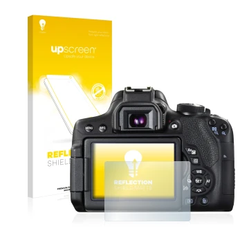 Parte frontal de un envase de producto con el logotipo de la marca upscreen. Al lado se muestra el dispositivo Canon EOS 750D 