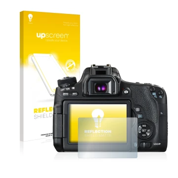 Parte frontal de un envase de producto con el logotipo de la marca upscreen. Al lado se muestra el dispositivo Canon EOS 760D 