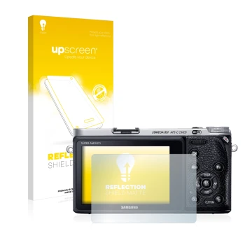 Parte frontal de un envase de producto con el logotipo de la marca upscreen. Al lado se muestra el dispositivo Samsung NX500 c