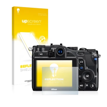 Parte frontal de un envase de producto con el logotipo de la marca upscreen. Al lado se muestra el dispositivo Nikon Coolpix S