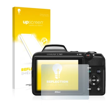 Parte frontal de un envase de producto con el logotipo de la marca upscreen. Al lado se muestra el dispositivo Nikon Coolpix L