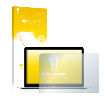 Parte frontal de un envase de producto con el logotipo de la marca upscreen. Al lado se muestra el dispositivo Apple MacBook 1