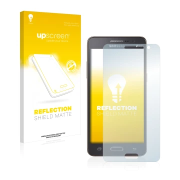 Parte frontal de un envase de producto con el logotipo de la marca upscreen. Al lado se muestra el dispositivo Samsung Galaxy 