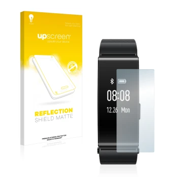 Parte frontal de un envase de producto con el logotipo de la marca upscreen. Al lado se muestra el dispositivo Huawei TalkBand