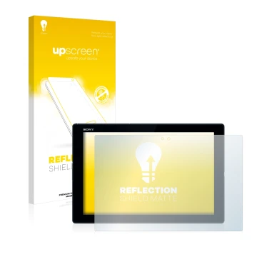 Parte frontal de un envase de producto con el logotipo de la marca upscreen. Al lado se muestra el dispositivo Sony Xperia Z4 