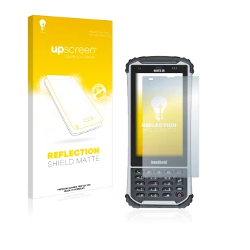 Parte frontal de un envase de producto con el logotipo de la marca upscreen. Al lado se muestra el dispositivo Handheld Nautiz