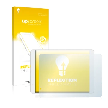Parte frontal de un envase de producto con el logotipo de la marca upscreen. Al lado se muestra el dispositivo Teclast X89HD c