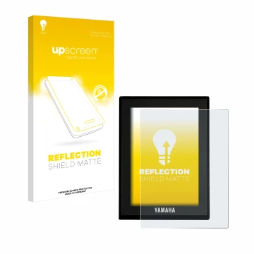 Parte frontal de un envase de producto con el logotipo de la marca upscreen. Al lado se muestra el dispositivo Yamaha LCD Disp