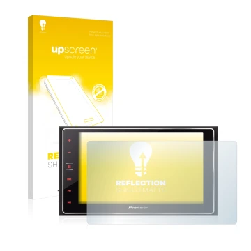 Parte frontal de un envase de producto con el logotipo de la marca upscreen. Al lado se muestra el dispositivo Pioneer SPH-DA1