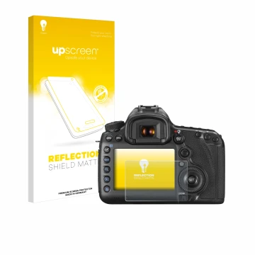 Parte frontal de un envase de producto con el logotipo de la marca upscreen. Al lado se muestra el dispositivo Canon EOS 5DS R