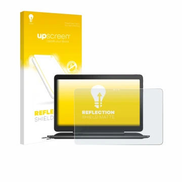 Parte frontal de un envase de producto con el logotipo de la marca upscreen. Al lado se muestra el dispositivo Dell Latitude 1