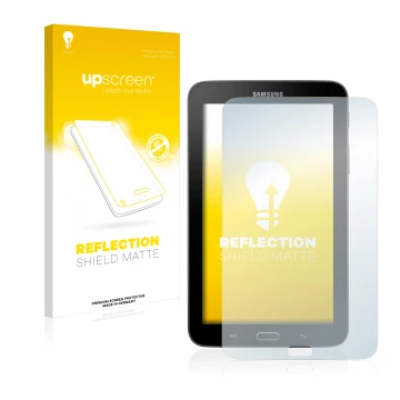 Parte frontal de un envase de producto con el logotipo de la marca upscreen. Al lado se muestra el dispositivo Samsung Galaxy 