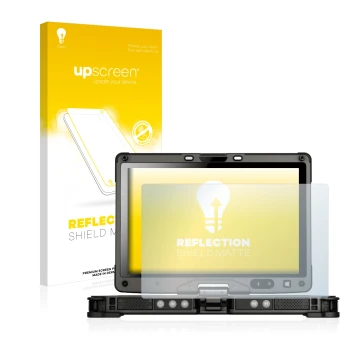 Parte frontal de un envase de producto con el logotipo de la marca upscreen. Al lado se muestra el dispositivo Getac V110 con 