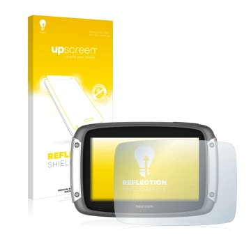 Parte frontal de un envase de producto con el logotipo de la marca upscreen. Al lado se muestra el dispositivo TomTom Rider 40