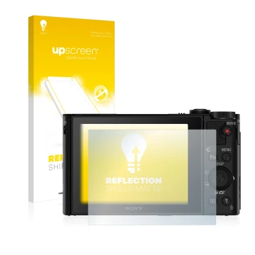 Parte frontal de un envase de producto con el logotipo de la marca upscreen. Al lado se muestra el dispositivo Sony Cyber-Shot