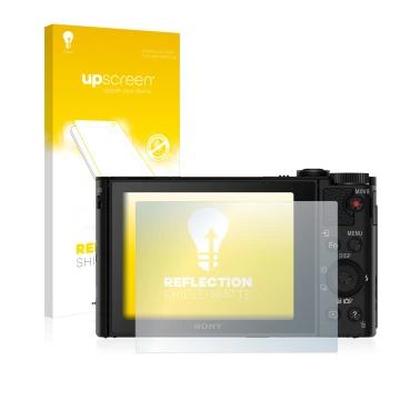 Parte frontal de un envase de producto con el logotipo de la marca upscreen. Al lado se muestra el dispositivo Sony Cyber-Shot