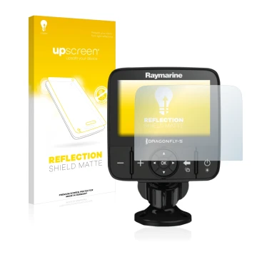 Parte frontal de un envase de producto con el logotipo de la marca upscreen. Al lado se muestra el dispositivo Raymarine Drago